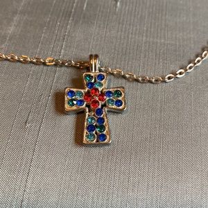 Cross Necklace With Red, Green and Blue Rhinestones like glass chips